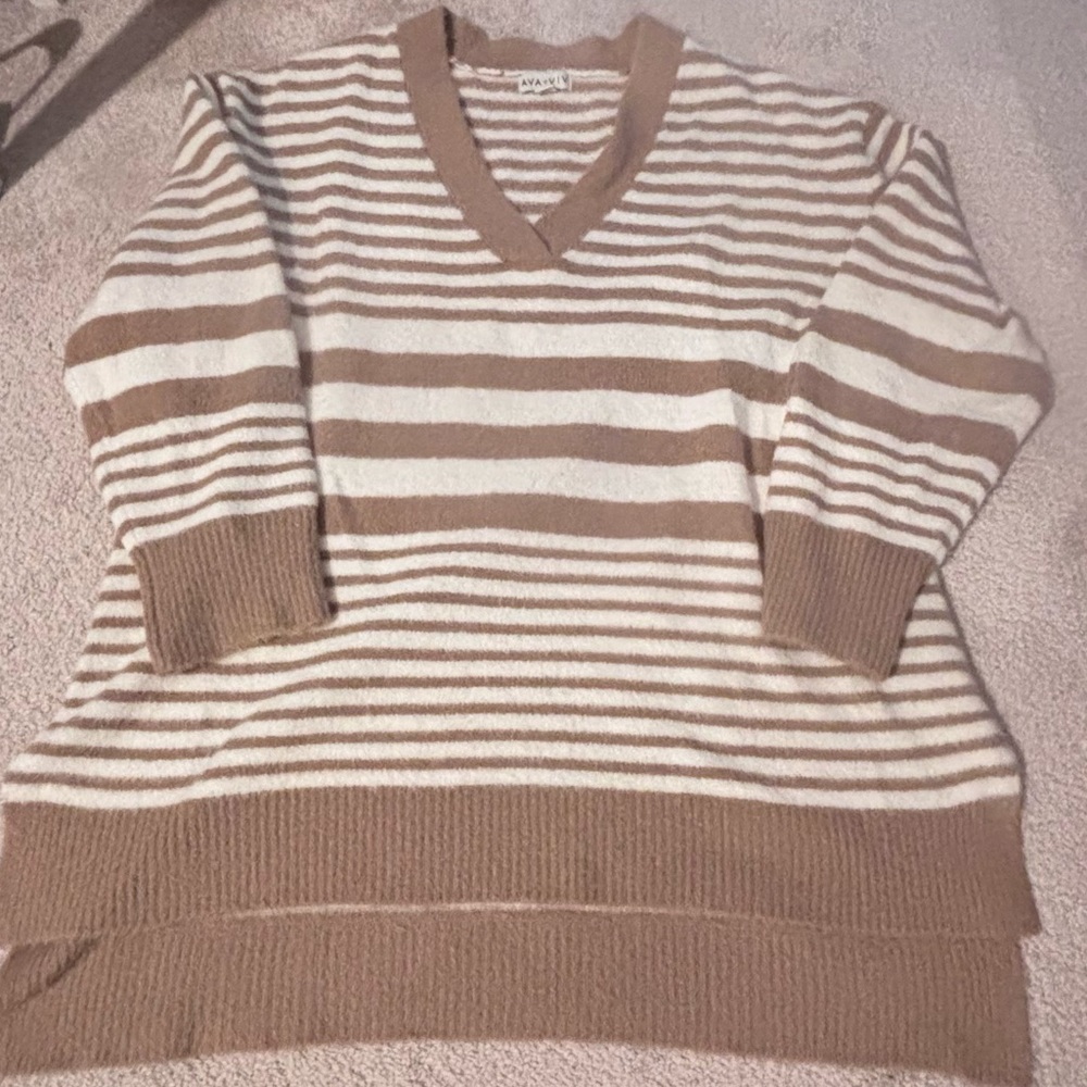 Striped V-Neck Sweater - Brown and Cream